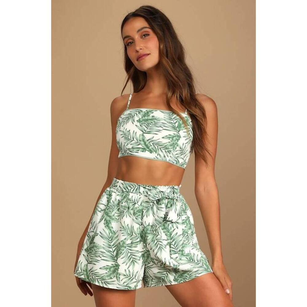 Lulus Next Vacay Green Leaf Print Two-piece Tie-back Romper - Size S